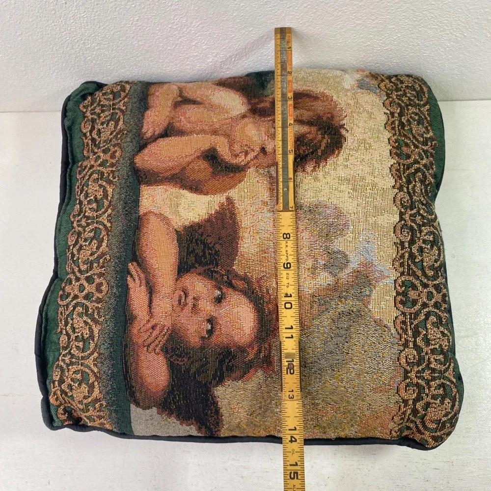 Vintage Raphael Cherubs Tapestry Throw Pillow Sistine Madonna Angels Green 15x15